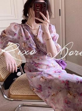 RIXO DORE法式高级感气质v领碎花长裙小众设计感紫色茶歇连衣裙女