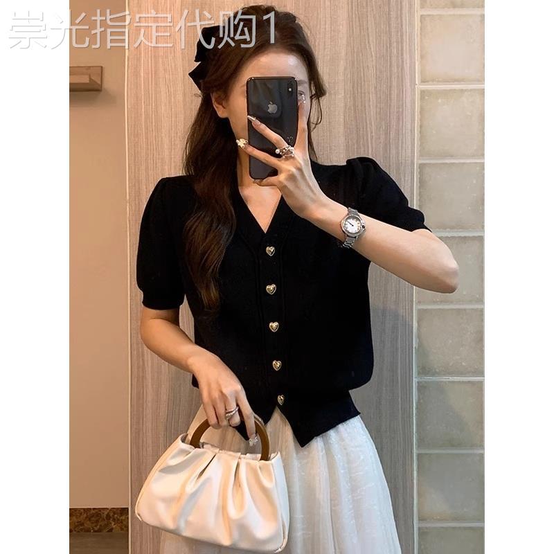 夏季黑色冰丝针织短袖开衫女泡泡袖T恤小香风V领气质薄款修身上衣