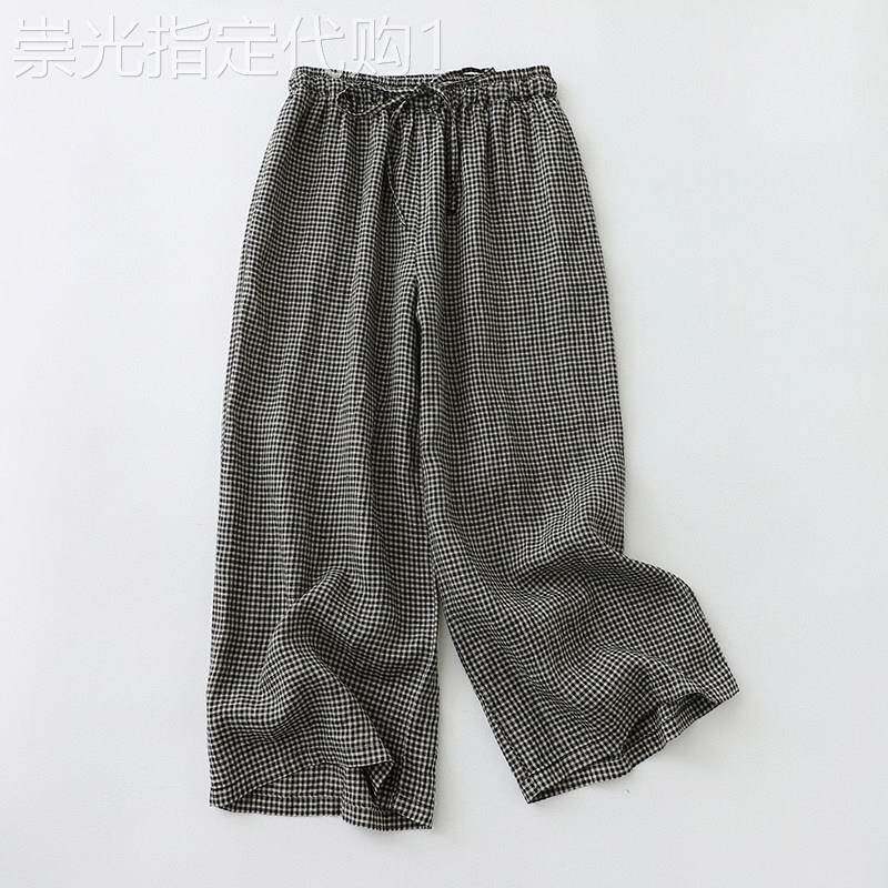 休闲格子阔腿裤女夏新款宽松显瘦高腰垂感高端复古百搭直筒七分裤