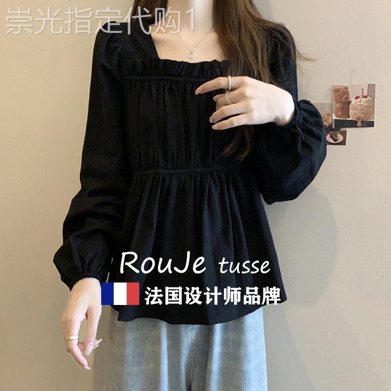 大尺码女装遮肚子荷叶边长袖内搭衣女春秋胖妹妹显瘦泡泡袖正肩上