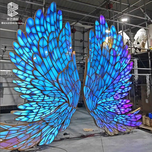 户外展厅炫彩天使翅膀装置 酒吧场所不锈钢羽毛灯与亚克力蝴蝶落