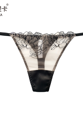 桑蚕丝性感丁字裤女内日常穿 法式蕾丝内裤 透明情调低腰火辣t裤