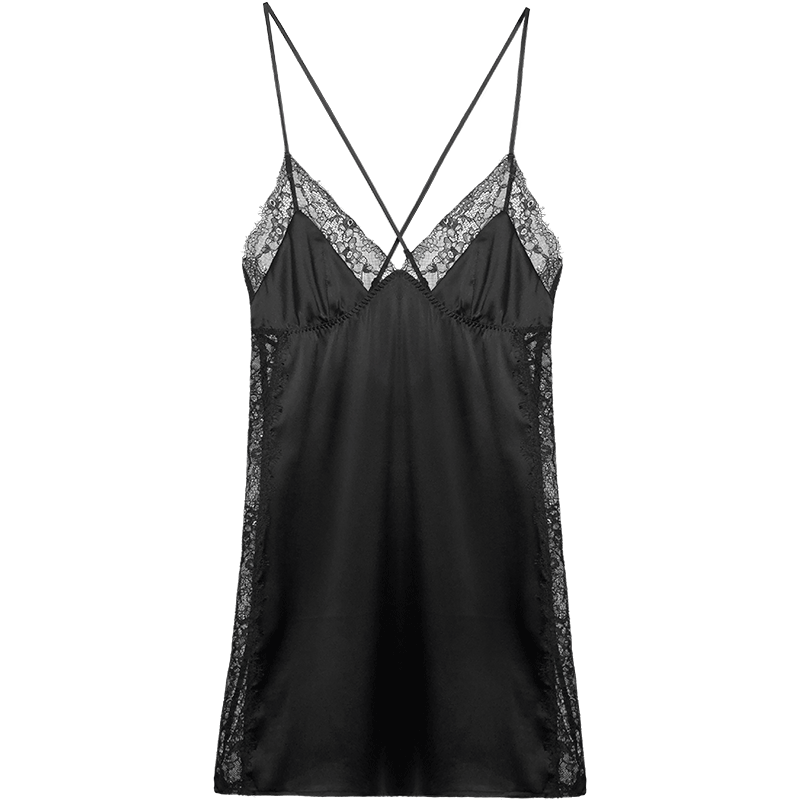 桑蚕丝火辣性感睡裙女 镂空吊带小黑裙 秋冬睫毛蕾丝情调睡衣女
