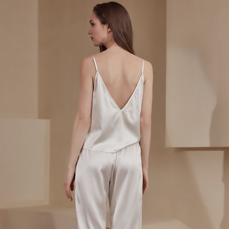白色露背桑蚕丝性感轻奢女士吊带两件套法式情调丝绸睡衣家居服