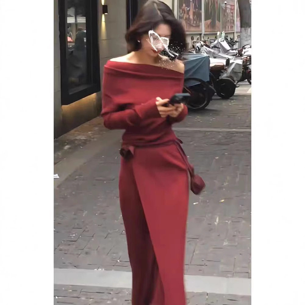 春季正式场合名媛气质女神范高级感御姐风情万种红色一字肩套装