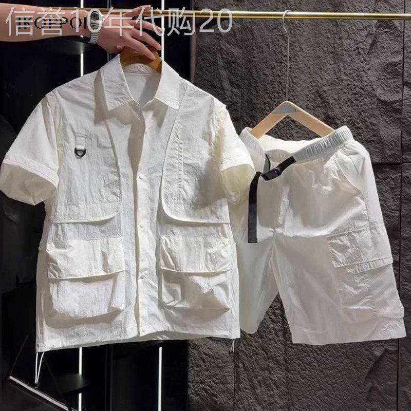 轻奢休闲工作服短袖男士夏季速干透气两件套潮流宽松纯色简约五分