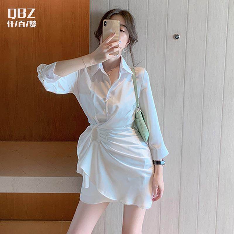 白色连衣裙女春绸缎法式收腰短款裙子长袖设计感小众不规则衬衫裙