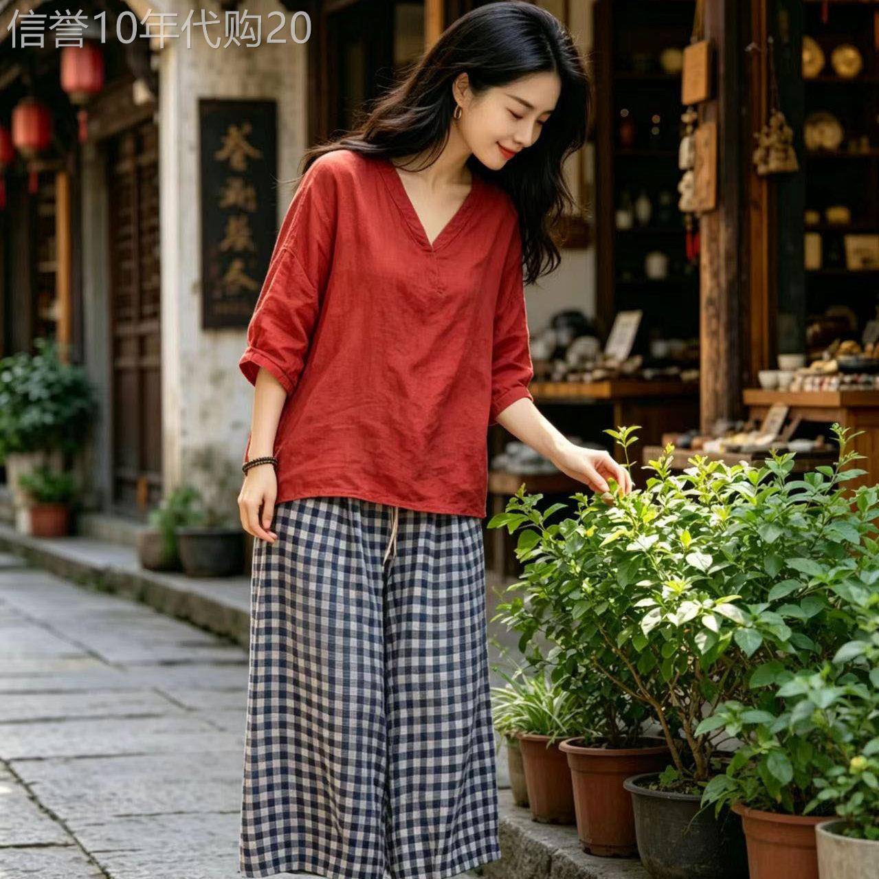 2026春夏新品100%亚麻双色色织文艺宽松格子裙裤女九分休闲宽裤
