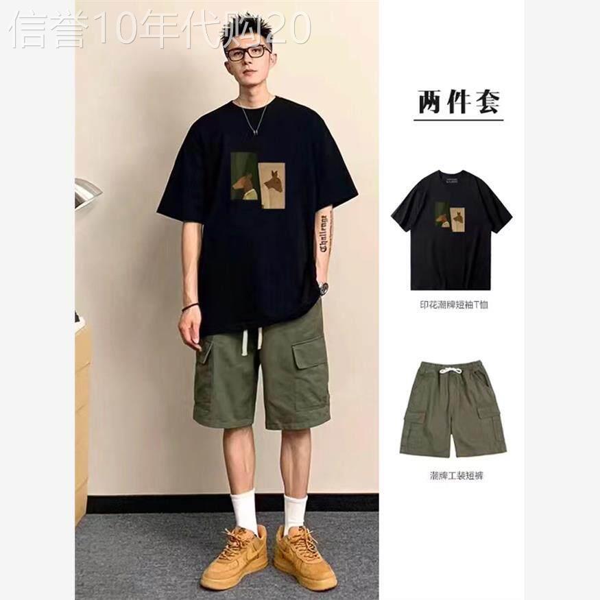香港潮牌夏季纯棉短袖T恤男女情侣宽松印花T恤搭配工装五分短裤