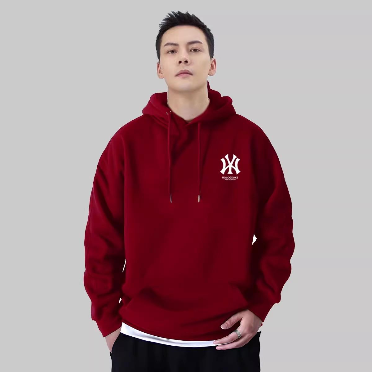 香港潮牌陈伟霆连帽卫衣男士秋冬加绒本命酒红色宽松美式休闲外套