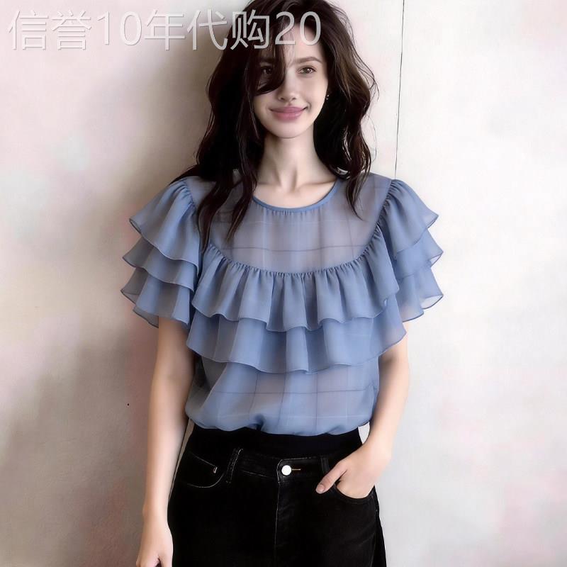 蓝色设计感荷叶边短袖上衣女2026年夏季新款时尚百搭洋派通勤T恤