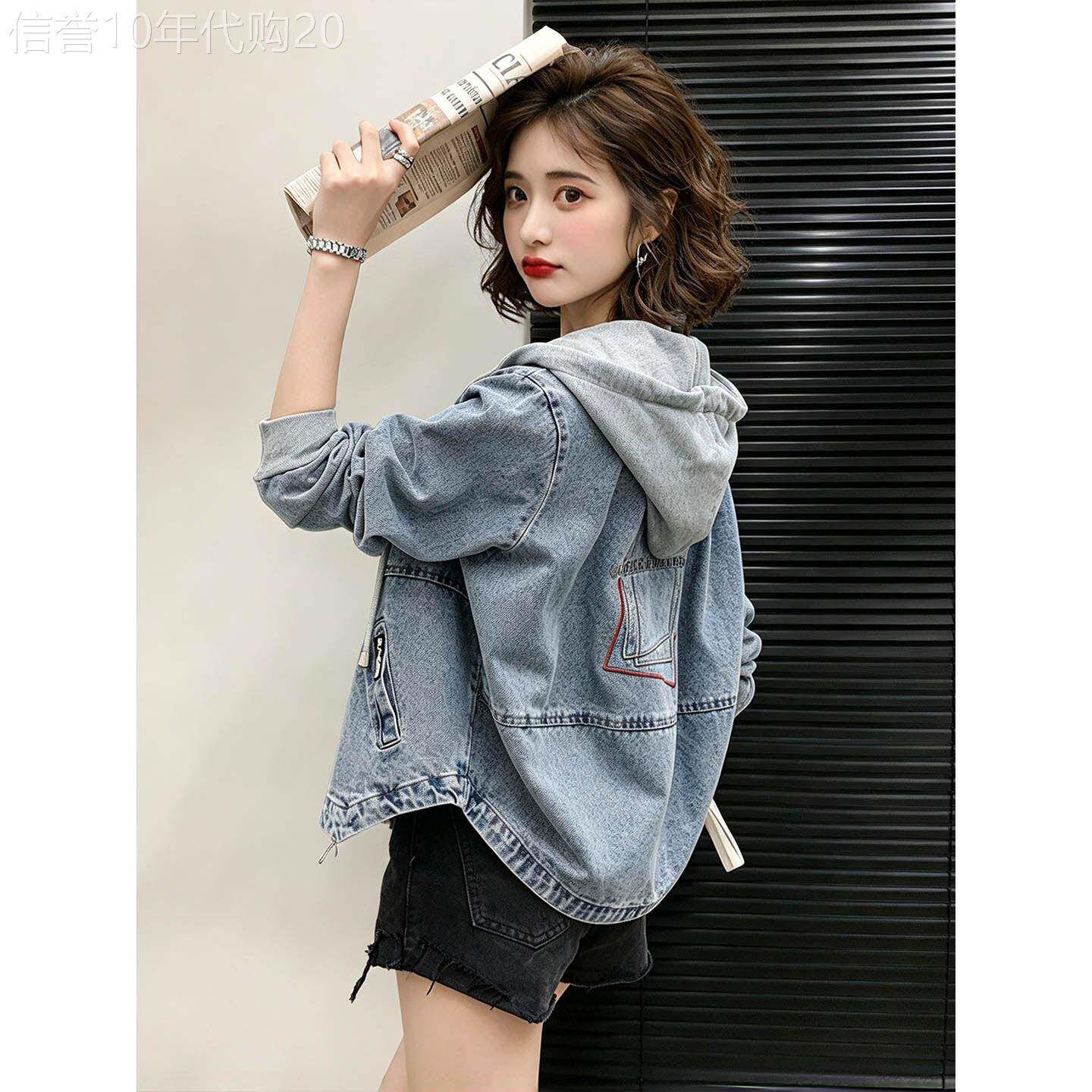 浅蓝色连帽长袖牛仔外套女秋冬欧货宽松显瘦小个子百搭减龄上衣潮