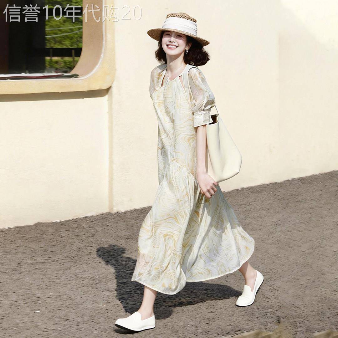 杏色泡泡袖雪纺洋装女2026春季新款设计感小众高级感气质长裙子