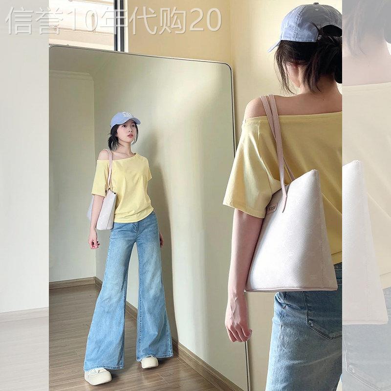 韩系奶黄色2026春夏超好看斜肩一字领露肩短袖T恤女宽松显瘦上衣