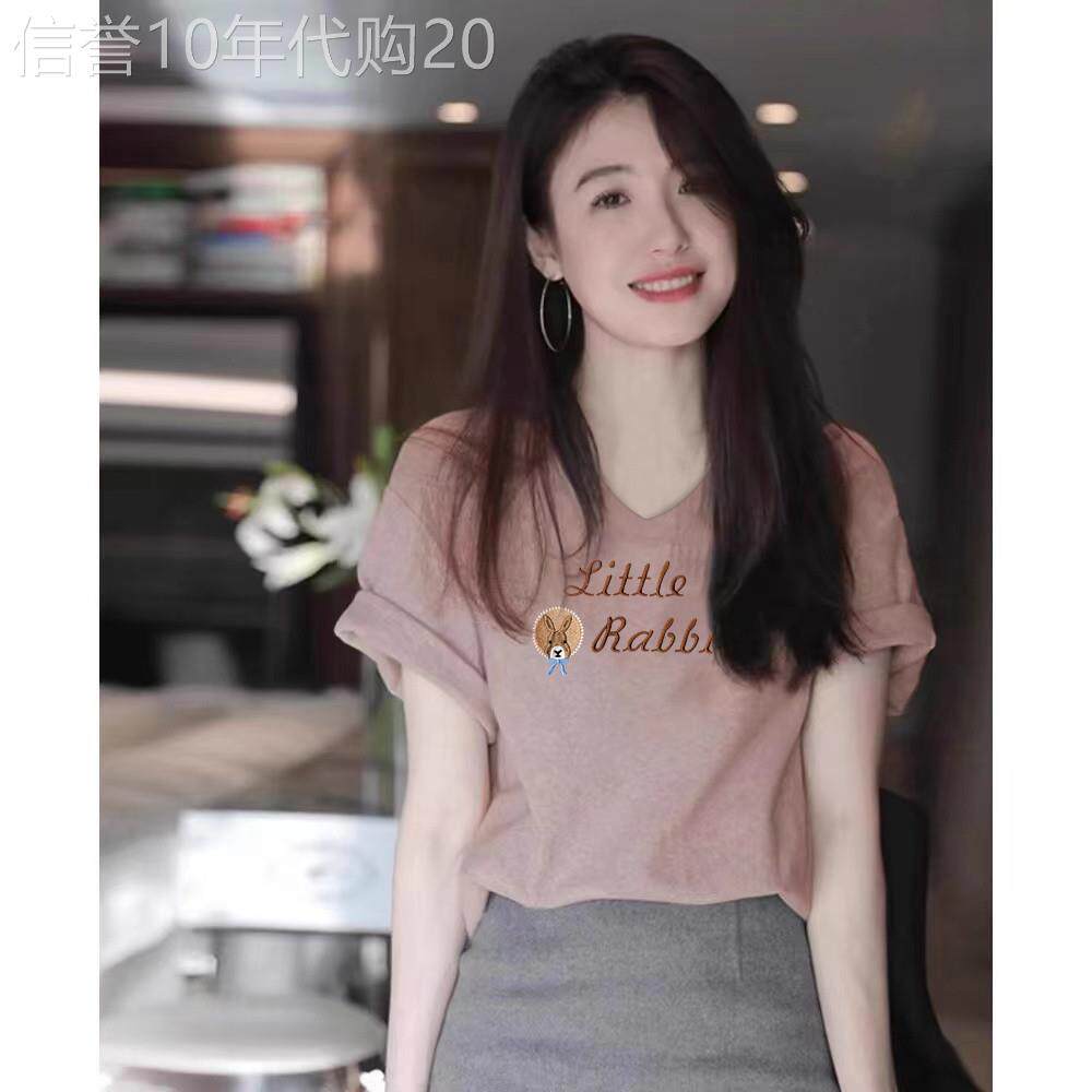 欧货2025夏装新款薄款粉色短袖t恤女宽松显瘦纯棉V领大码时尚上衣