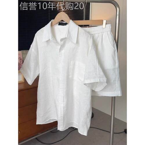 高端男士旧钱风格亚麻休闲套装2025夏季休闲穿短袖衬衫短裤套装