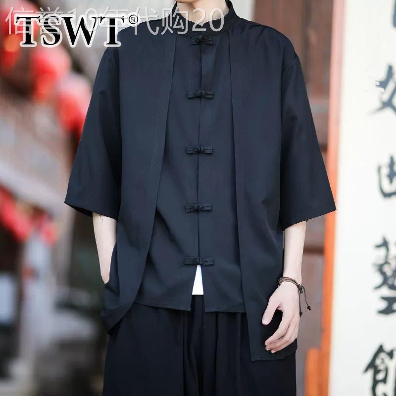 高端黑色冰丝套装男款夏季薄款宽松盘扣短袖衬衫休闲裤男士两件套