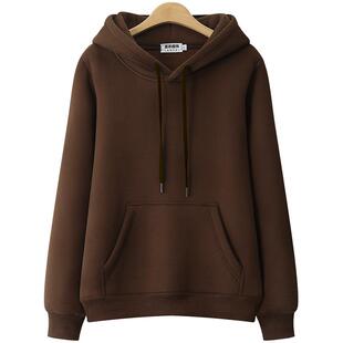 潮牌棕色卫衣女加绒加厚2024秋冬季新款韩版连帽大码长袖宽松上衣