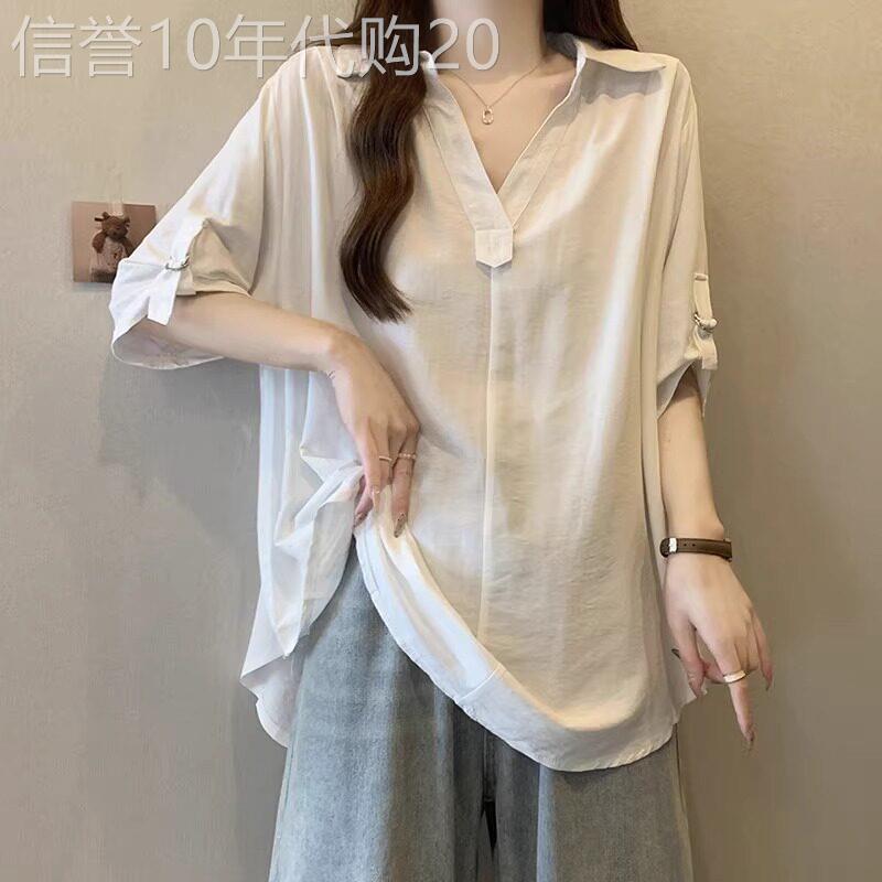 中长版白色V领短袖衬衫女夏季大尺码胖mm遮肚子宽松慵懒风雪纺上
