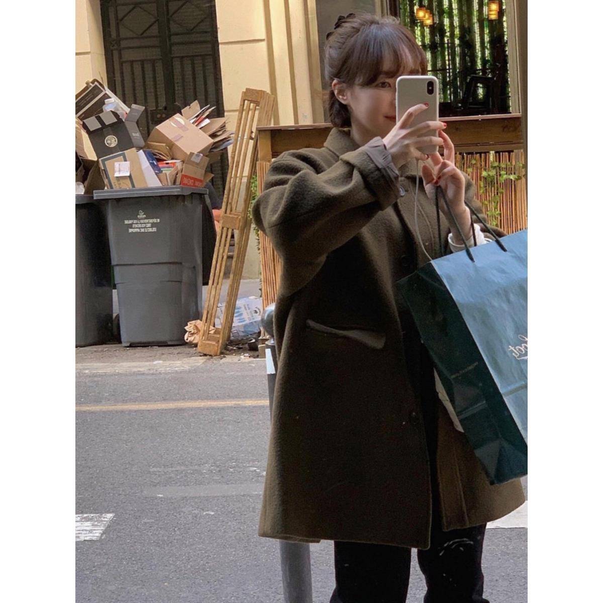 K-Style新款覆古女装2024冬季宽松休闲纯色小羊毛外套