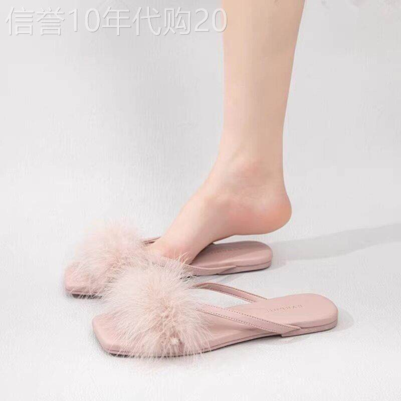 真皮低跟鞋毛毛拖鞋女外穿2026年新款夏季仙女风白色平底小众凉鞋