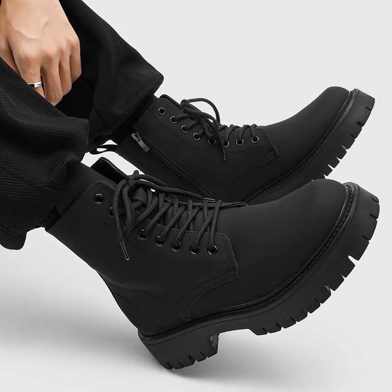 黑色马丁靴男款英伦风高帮皮鞋加绒男生增高情侣休闲中帮机车皮靴