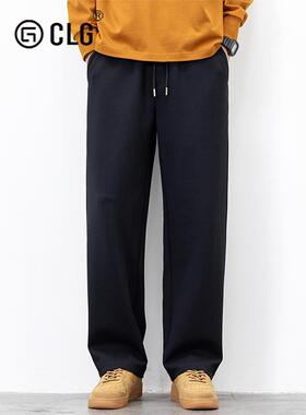 香港CLG潮牌黑色裤子男宽松直筒潮流休闲重磅针织运动长裤秋冬款