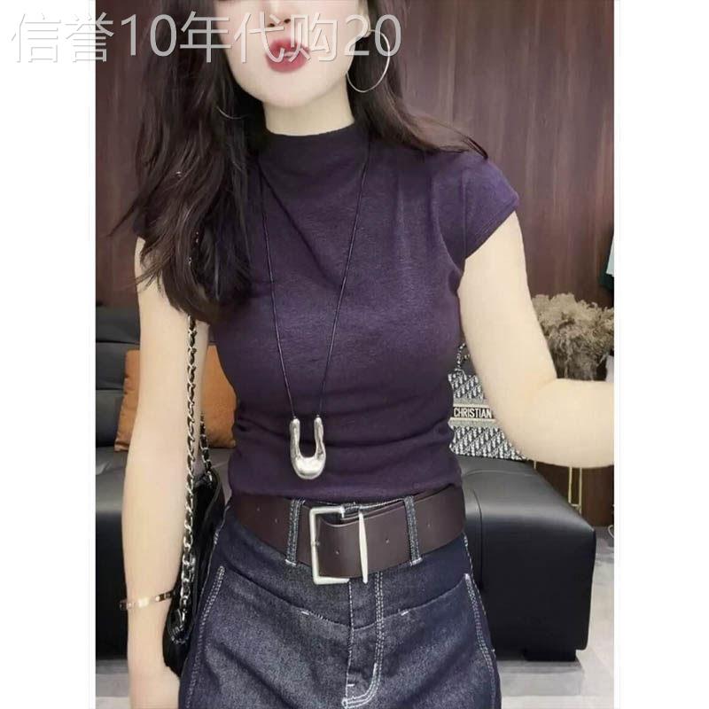 纯欲紫色小立领荷叶袖T恤女2026夏季新款欧货修身显瘦短袖上衣潮