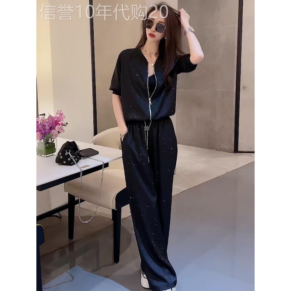 欧洲站黑色休闲运动服套装女夏洋气减龄小个子时尚气质薄款两件套