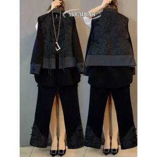 香港胖mm国风马甲显瘦打底衫裤子三件套秋款大码新中式时尚套装女