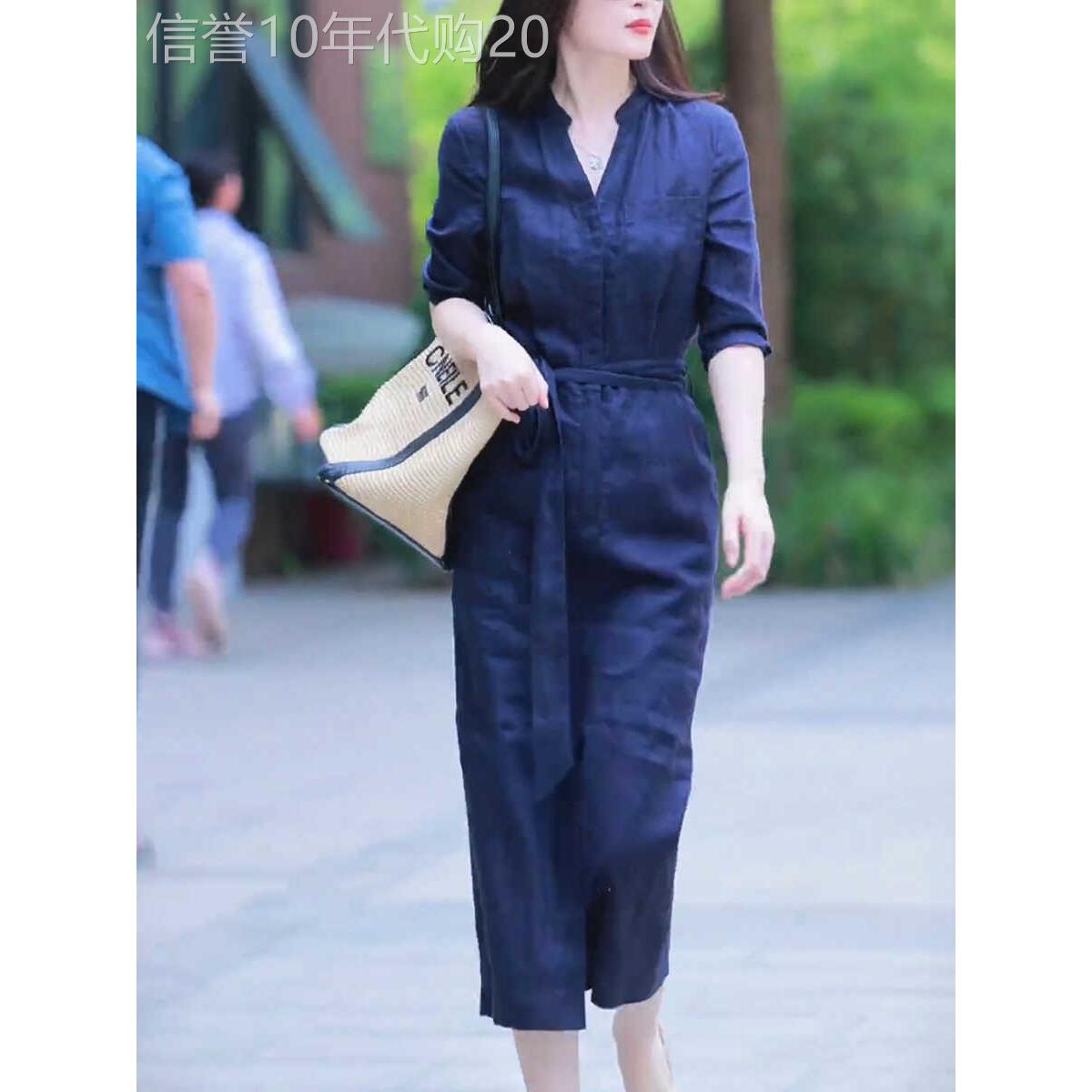 欧洲站气质V领亚麻连衣裙女2025年夏季新款收腰显瘦宽松衬衫长裙