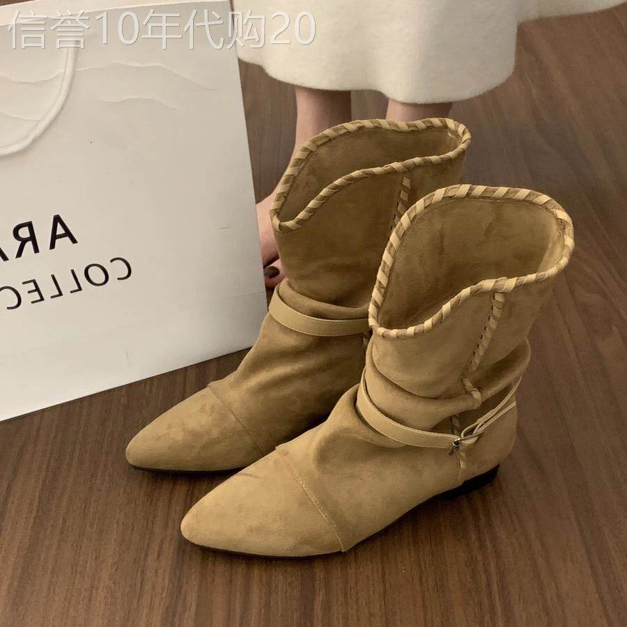 复古磨砂皮尖头褶皱超火靴子女2025新款单靴内增高短筒西部牛仔靴