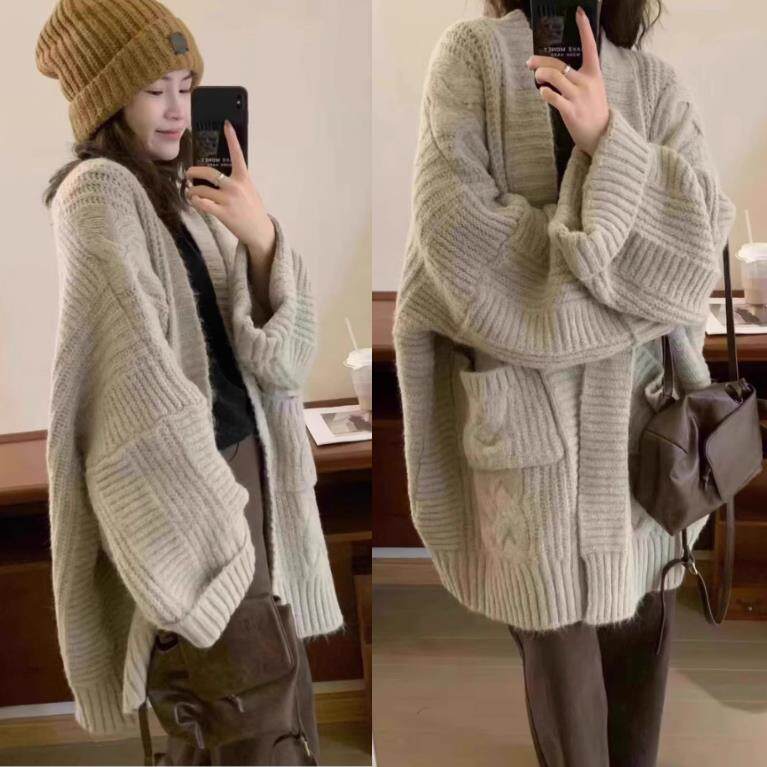 香港it代购韩国秋冬慵懒风宽松中长款羊绒麻花毛衣加厚开衫外套女