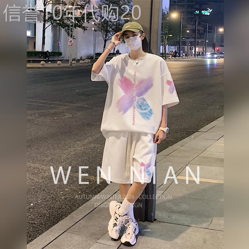 韩国WEN NIAN休闲运动套装男2026夏季新款短袖短裤大尺码情侣装潮