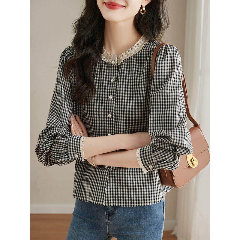 欧洲站圆领格子衬衫女2025春秋新款高级感轻奢拼接蕾丝长袖上衣潮