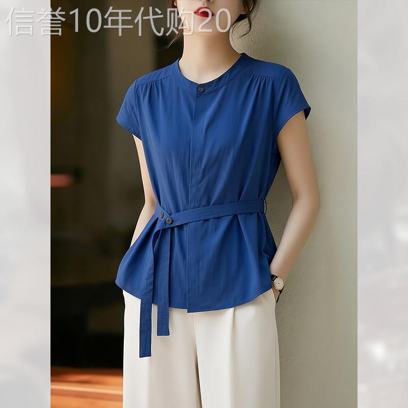 显瘦独特收腰宝蓝色短袖上衣女装夏季2026年新款小众轻奢小衫衬衫