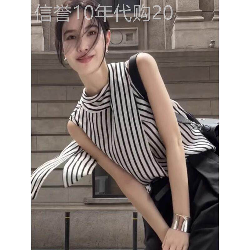 夏季法式系带挂脖条纹无袖衬衫女显瘦别致小衫设计感覆古气质上衣