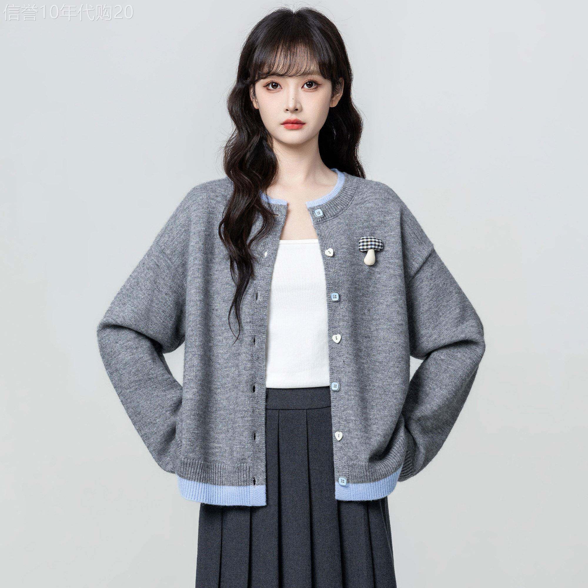 针织圆领毛衣外套女春秋季2026新款宽松显瘦撞色纽扣开衫软糯上衣