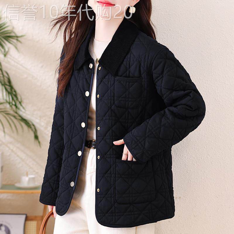 时尚翻领棉服外套女秋冬装新款大码宽松夹棉加厚保暖菱格棉衣上衣