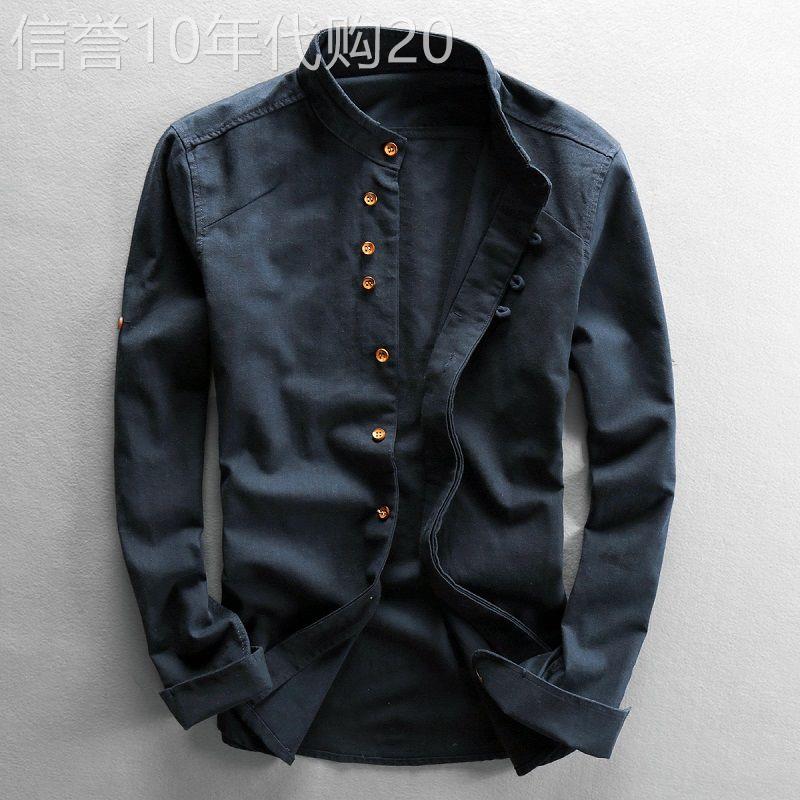 IT ins潮牌长袖衬衫男简约立领亚麻中国风纯色复古修身休闲衬衣