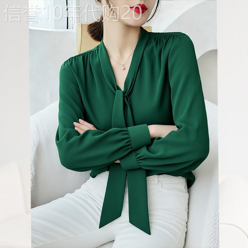 绿色飘带衬衫复古2026春夏新款女装独特宽松休闲上衣衬衫百搭长袖