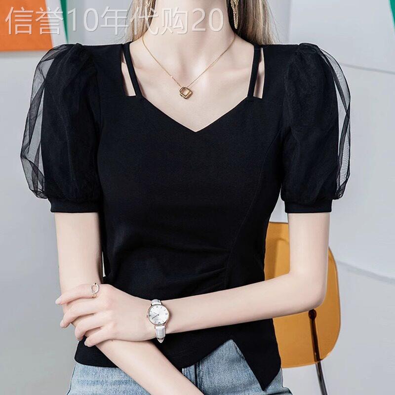 黑色网纱拼接短袖t恤女夏季2026年新款设计感小众收腰泡泡袖上衣