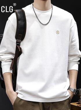 香港CLG潮牌长袖T恤男新款潮流白色百搭内搭宽松刺绣衣服圆领春秋