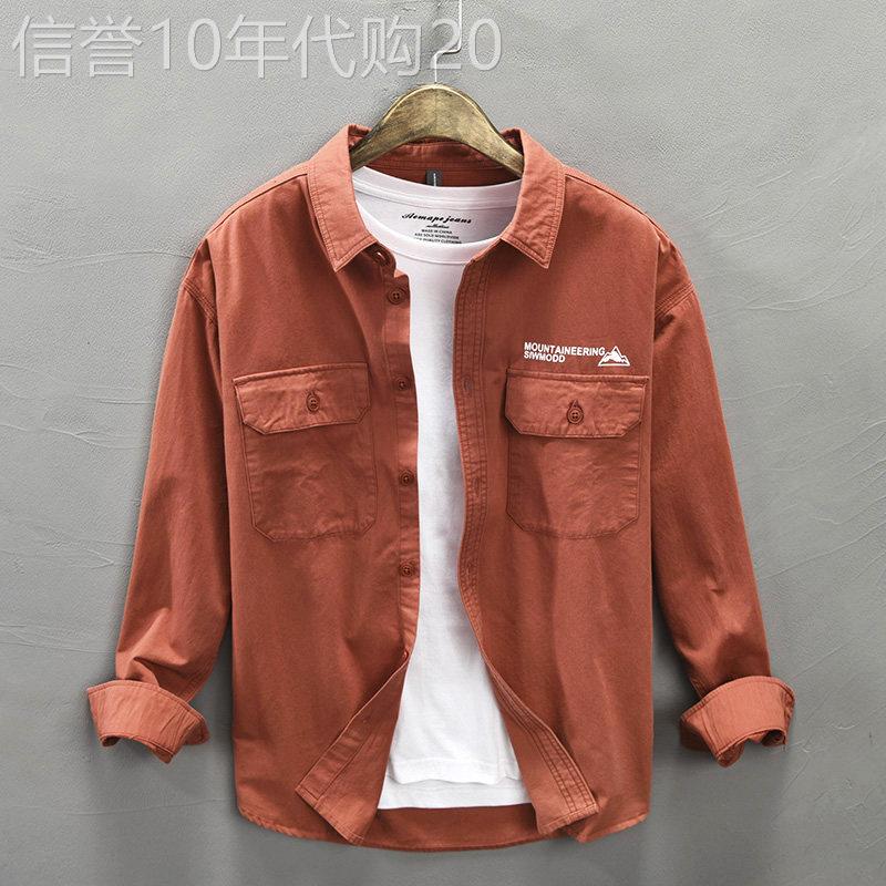 香港覆古纯棉工装印花衬衫男红色小领多口袋宽松休闲全棉衬衣外套