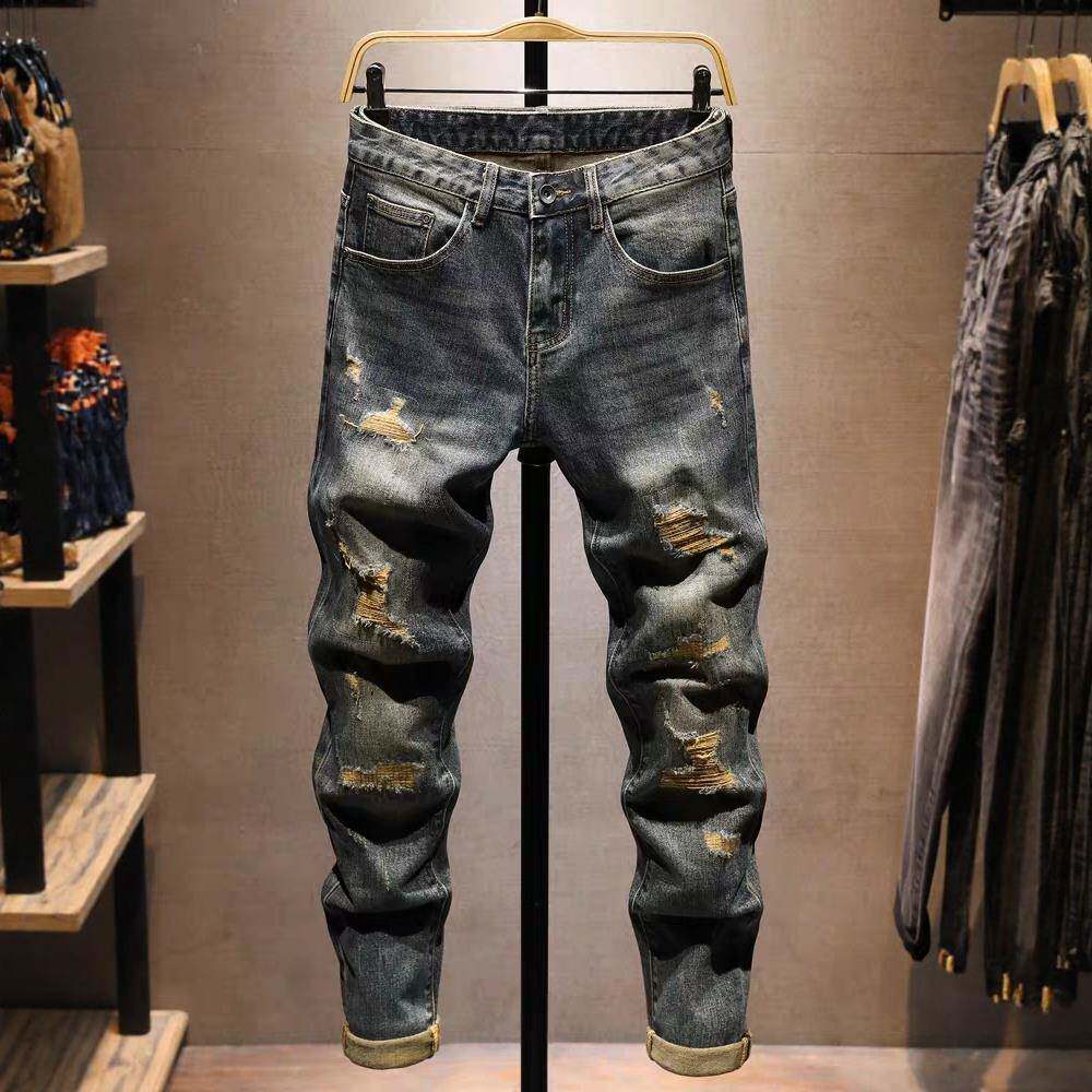 潮牌复古牛仔裤男欧美秋冬加绒破洞补丁痞帅修身小脚个性休闲长裤