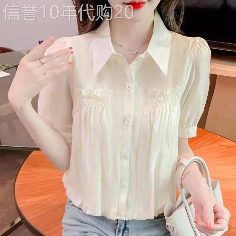 雪纺短袖褶皱衬衫女士夏季欧货polo领开衫薄款衬衣胖mm遮肚子小衫