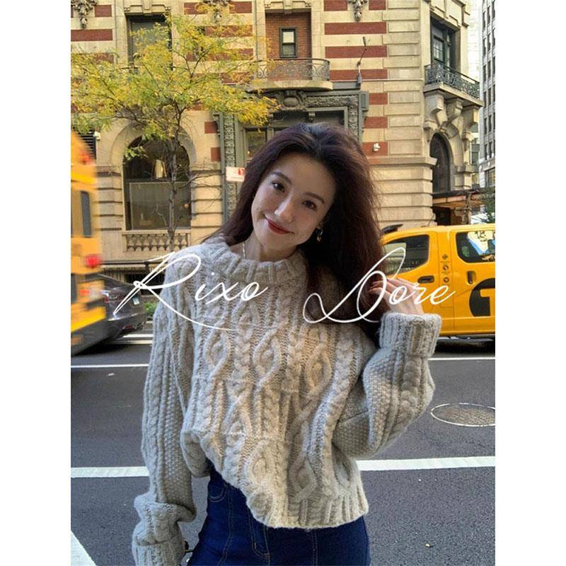 RIXO DORE法式棒针绞花圆领套头通勤长袖羊毛针织衫毛衣女秋冬款