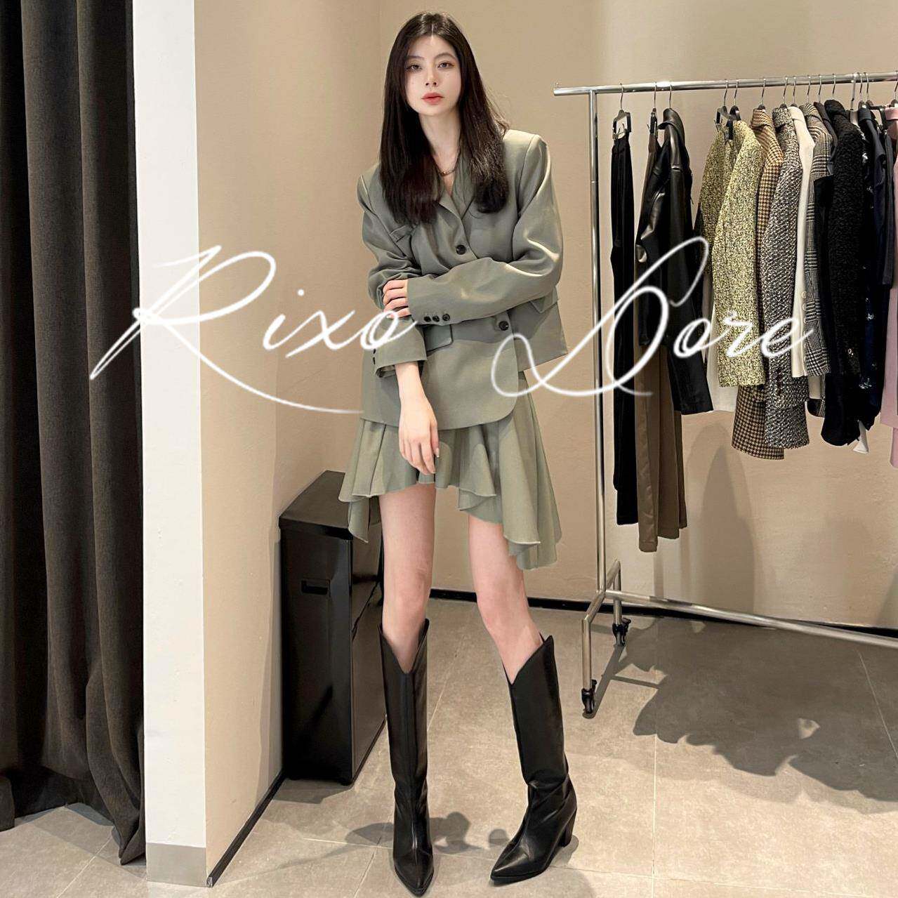 RIXO DORE法式秋季新款斜排扣西装外套搭配不规则百褶裙子两件套