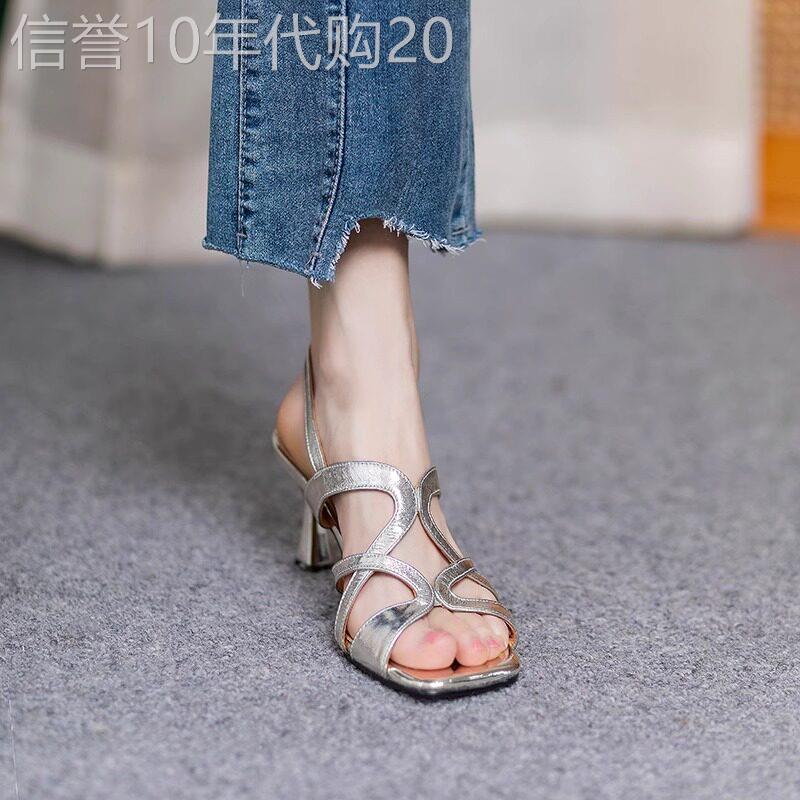 金色方头凉鞋女2026年夏季新款法式气质后绑带百搭镂空细跟高跟鞋
