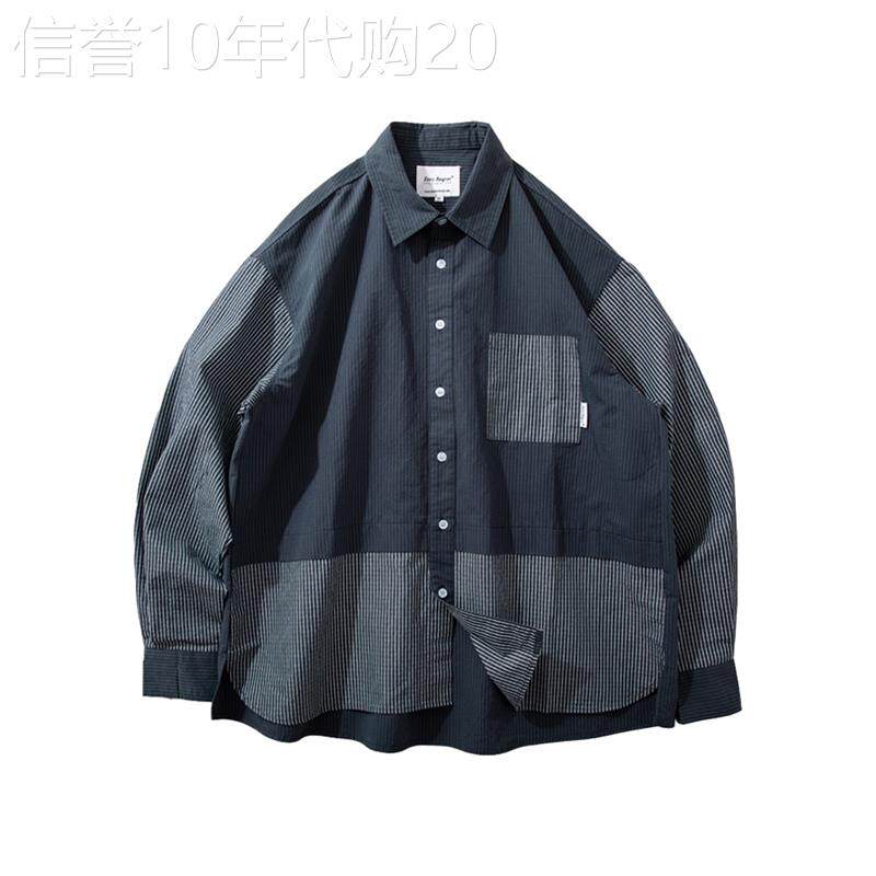 MUSONMU日系格子拼接条纹衬衫男春秋季新款复古衬衣宽松休闲外套